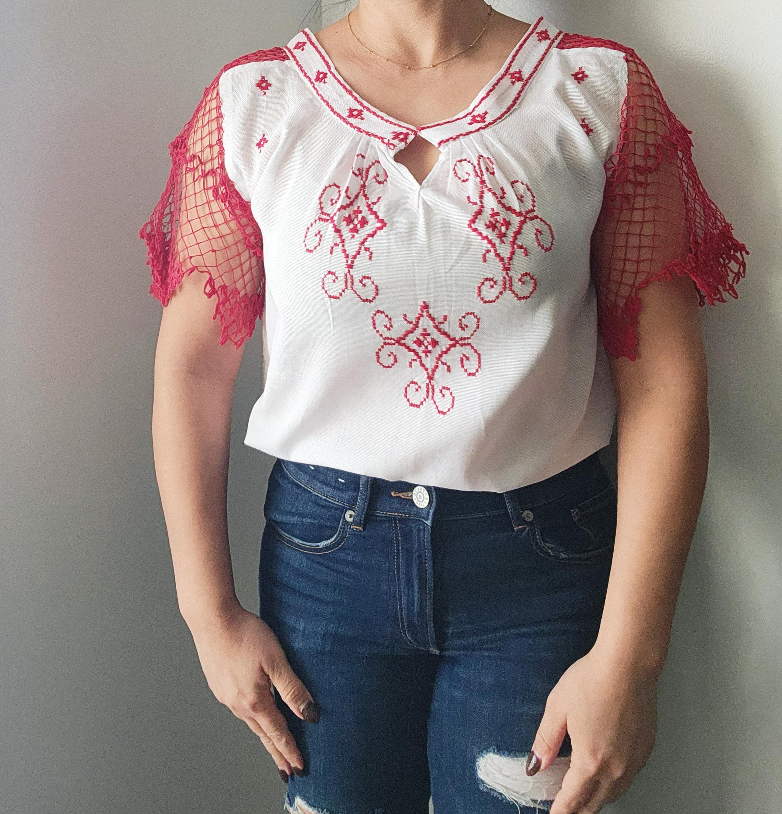 SMALL Red Handmade Paraguayan Typoi Blouse: Red Embroidered A