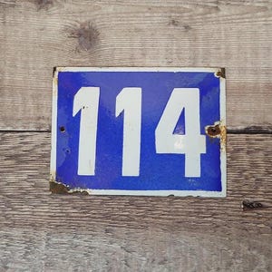 Vintage Blue & White Porcelain Enamel House Number 114 Sign, Vintage European House Number Plaque