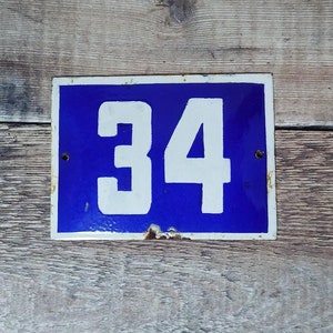 Vintage Blue & White Porcelain Enamel House Number 34 Sign, House Number Plaque