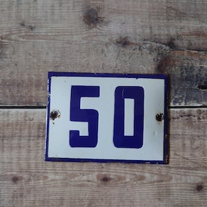 Vintage blue & white porcelain enamel house Number 50 sign