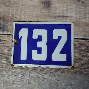 Vintage Blue & White Porcelain Enamel House Number 132 Sign, Vintage European House Number Plaque