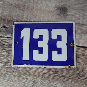 Vintage Blue & White Porcelain Enamel House Number 133 Sign, Vintage European House Number Plaque