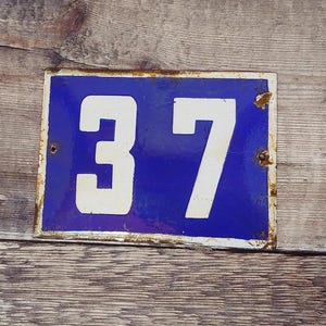 Vintage Blue & White Porcelain Enamel House Number 37 Sign, Vintage European House Number Plaque