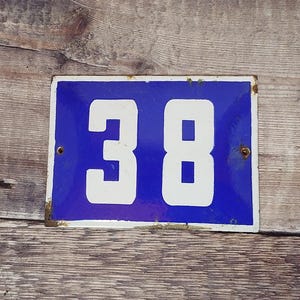 Vintage Blue & White Porcelain Enamel House Number 38 Sign, Vintage European House Number Plaque