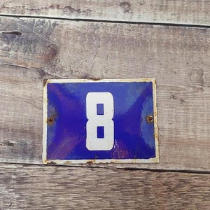 Vintage Blue & White Porcelain Enamel House Number 8 Sign, Vintage European House Number Plaque