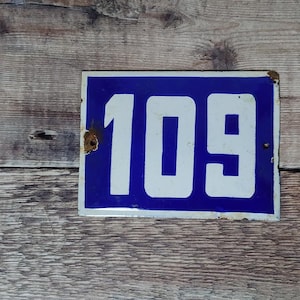 Vintage Blue & White Porcelain Enamel House Number 109 Sign, Vintage European House Number Plaque