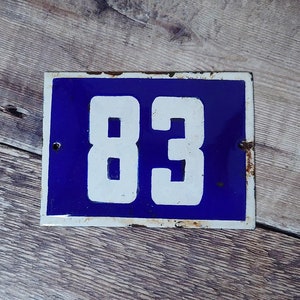 Vintage Blue & White Porcelain Enamel House Number 83 Sign, Vintage European House Number Plaque