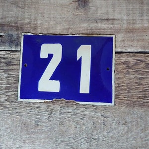 Vintage Blue & White Porcelain Enamel House Number 21 Sign