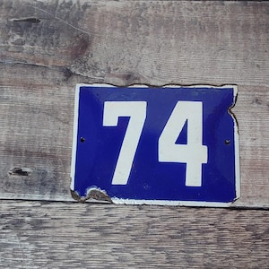 Vintage Blue & White Porcelain Enamel House Number 74 Sign, Vintage European House Number Plaque