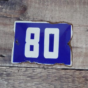 Vintage Blue & White Porcelain Enamel House Number 80 Sign, Vintage European House Number Plaque