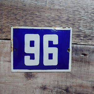 Vintage Blue & White Porcelain Enamel House Number 96 Sign, Vintage European House Number Plaque