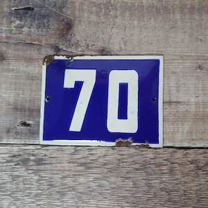 Vintage Blue & White Porcelain Enamel House Number 70 Sign, Vintage European House Number Plaque