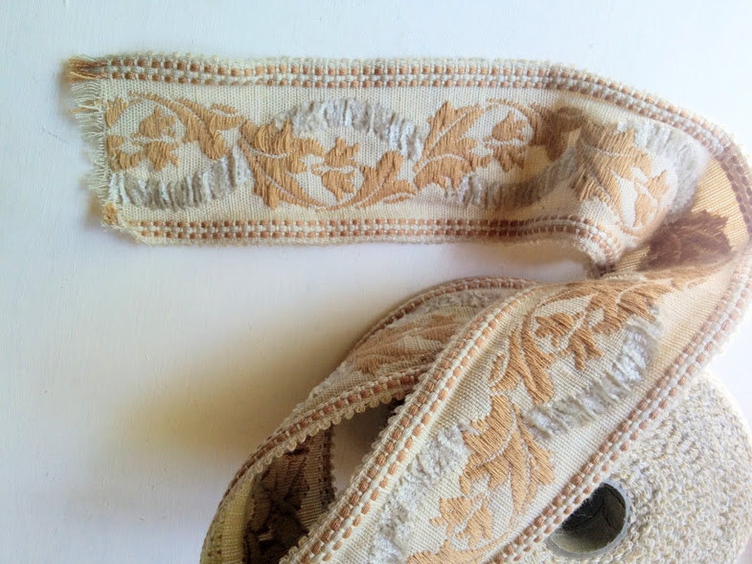 Vintage Upholstery Trim Light Brown Silver / Grey Floral Leaf Pattern