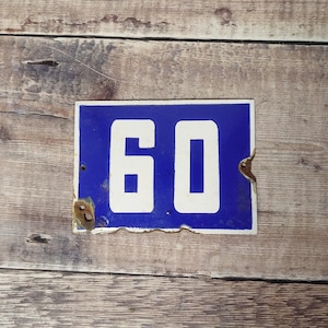 Vintage Blue & White Porcelain Enamel House Number 60 Sign, Vintage European House Number Plaque