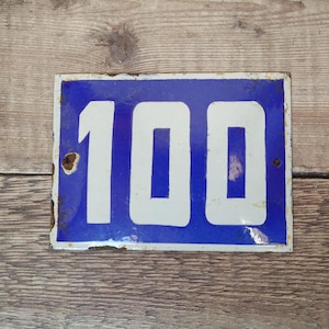 Vintage Blue & White Porcelain Enamel House Number 100 Sign, Vintage European House Number Plaque
