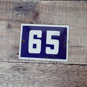 Vintage Blue & White Porcelain Enamel House Number 65 Sign, Vintage European House Number Plaque