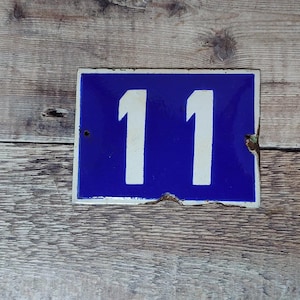 Vintage Blue & White Porcelain Enamel House Number 11 Sign