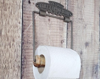 Victorian Style Cast Iron Toilet Paper Holder with Wooden Roll