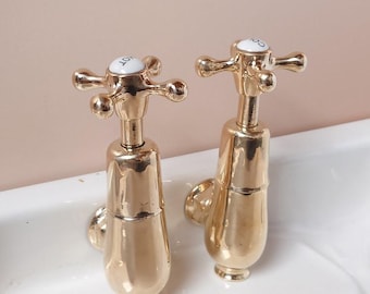 Vintage Polished Brass Globe Faucet Taps: Overhauled Antique Pair