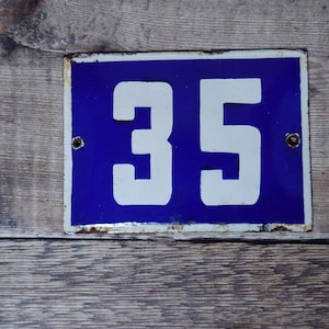 Vintage Blue & White Porcelain Enamel House Number 35 Sign, Vintage European House Plaque