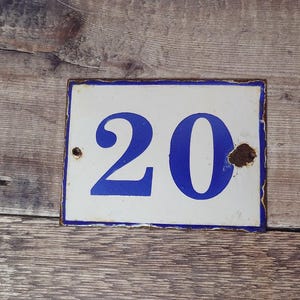 Vintage White & Blue Porcelain Enamel House Number 20 Sign, Vintage French House Number Plaque