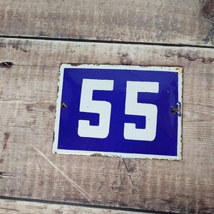 Vintage Blue & White Porcelain Enamel House Number 55 Sign, Vintage European House Number Plaque