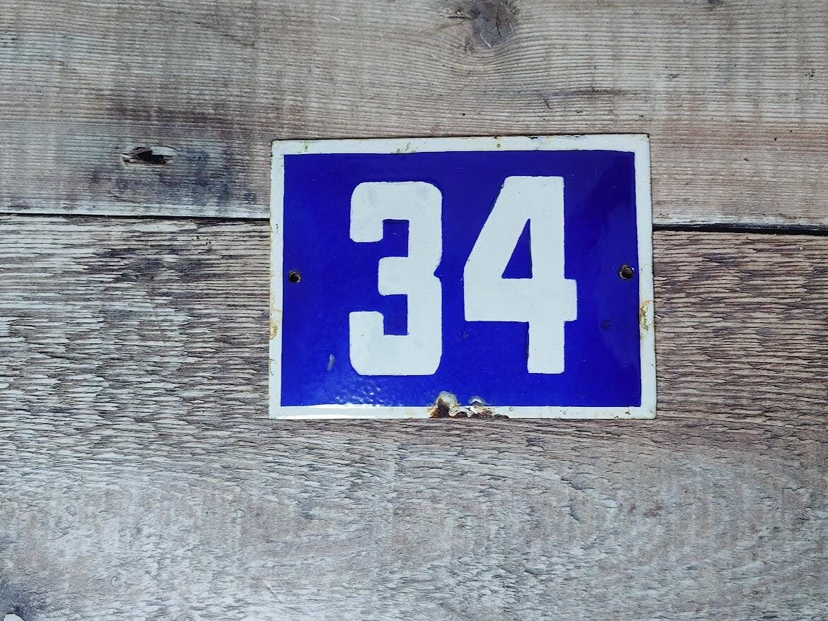 Vintage Blue \u0026 White Enamel House Number 34 Sign, image size:1171x879