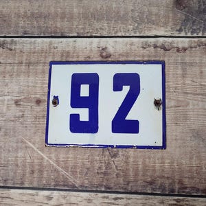 Vintage Blue & White Porcelain Enamel House Number 92 Sign, Vintage European House Number Plaque