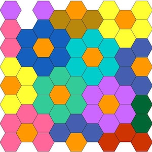 May include: A colorful honeycomb pattern with various hexagons in shades of blue, green, yellow, orange, pink, purple, brown, red, and dark green.