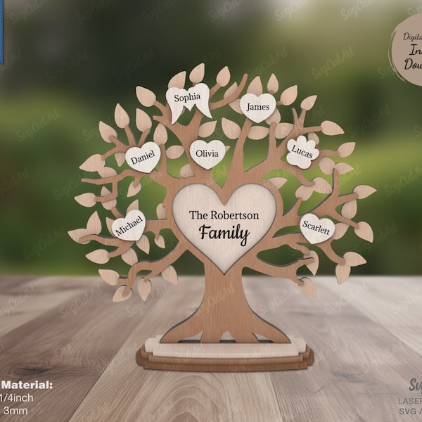 Baum des Lebens Stand mit Familienmitgliedern svg geschnittene Datei, hölzerner dekorativer Stand 3D, hölzernes Geschenk Laser geschnittene Datei