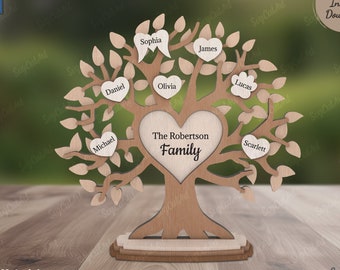 Soporte de árbol de la vida con miembros de la familia svg archivo de corte, soporte decorativo de madera 3D, archivo de corte láser de regalo de madera