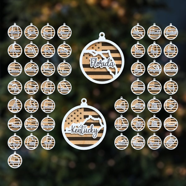 Staaten Weihnachten Ornamente SVG, 50 Staaten Ornament SVG-Dateien, Ornamente Laser, glowforge svg, Weihnachten, Laser cut, Silhouette, Cricut