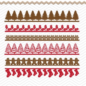 Op de afbeelding: Set van 6 kerstborderontwerpen met een rij bruine bomen, rode hulstbesjes, bruine sneeuwvlokken, rode en witte kerstboom, bruine peperkoekmannetjes en rode kousen.