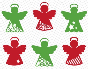 May include: Six angel ornaments in red and green with different patterns. The ornaments are ready to be cut from SVG, PNG, EPS, and DXF files.