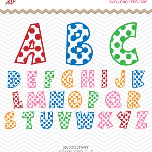 Cumpleaños alfabeto Polka punto letras SVG PNG DXF eps, fuente de niño de la escuela, vinilo calcomanía corte archivo Cricut diseño silueta estudio