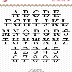 May include: A black and white alphabet and numbers split in half with a line through the middle. The letters and numbers are in a bold, sans-serif font. The image includes the text "SPLIT ALPHABET + NUMBERS" and "SVG/PNG/EPS/DXF".