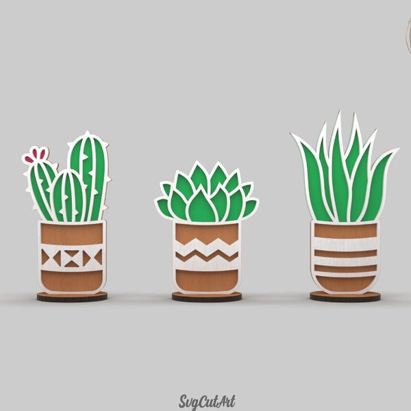 Cactus in Pot Stand Laser cut files SVG Set2 | Succulent SVG | Plants Decor | Potted Plant | Wooden Decorative stand | Wooden Gift laser cut