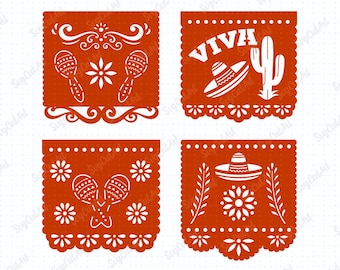 May include: Four red paper banners with white cut-out designs. The banners feature maracas, a sombrero, a cactus, and the word "VIVA".