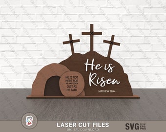 Tomba vuota Stand in formato SVG, Egli è risorto Laser SVG, Stand di Pasqua in formato SVG, Laser di Pasqua, Cristiano, Regalo di Pasqua, Pasqua in formato SVG, File di taglio di Pasqua, taglio laser