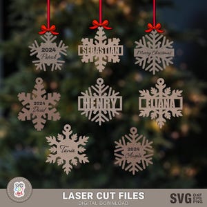 Opknoping gepersonaliseerde kerstsneeuwvlokken SVG, kerstversiering SVG, sneeuwvloklaser, Glowforge svg, kerstversiering, lasergesneden