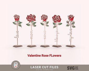 Valentine Rose Flowers SVG Laser, rose stand svg, Mother's Day gift Laser, Anniversary gift svg, Mom rose, glowforge svg, Laser cut