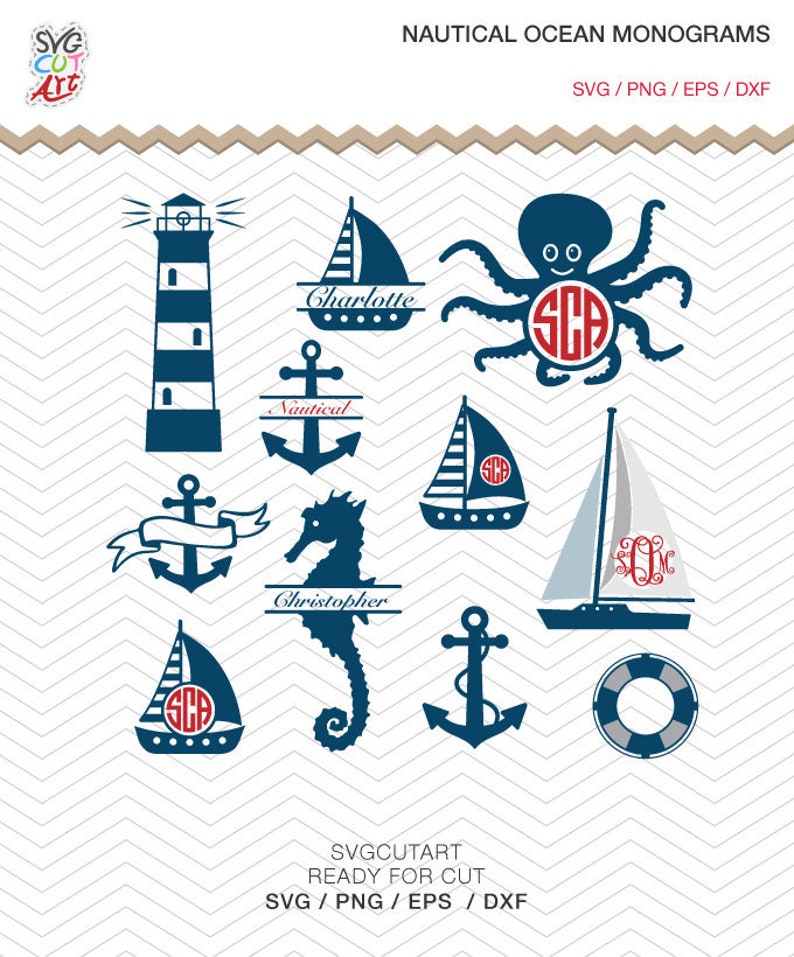 Download Nautical Ocean Monograms SVG DXF EPS png octopus seahorse ...