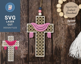 Easter Cross with cloth svg, Cross Tags, Cross rattan, Gift tags, christian svg, Easter svg, Easter Cut File, laser file, Instant Download