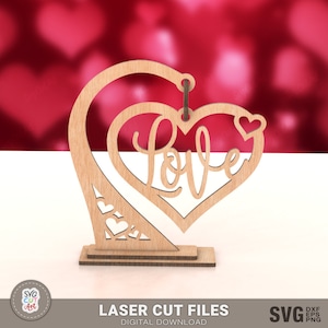 Valentine’s Hanging Heart Stand svg, fichiers laser SVG, svg de la Saint-Valentin, support en bois de la Saint-Valentin, glowforge svg, fichier découpé au laser