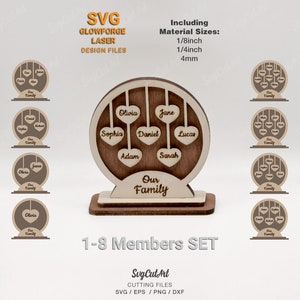 Presente de nomes de família SVG, Membros da família, Presente personalizado, Coroa de flores, Corações de família, suporte, Corações pendurados, Decoração de família, Glowforge e Laser