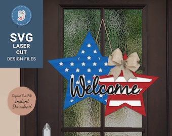 Welcome July 4th Door Hanger SVG, Stars Door Hanger, Patriotic sign, July 4th Svg, Welcome Heart sign svg, laser cut file, Glowforge, Cricut