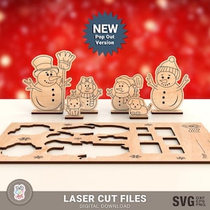 Schneemann Familie mit Haustieren Laser geschnitten SVG, Pop-Out svg, Schneemann Card Stand svg, Weihnachtskarte Laser Cut, Weihnachtsandenken-Karte, Glowforge