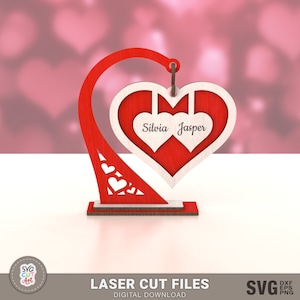 Suporte de coração suspenso dos namorados com nomes SVG, arquivos Svg Laser, dia dos namorados svg, suporte de madeira dos namorados, glowforge svg, arquivo cortado a laser