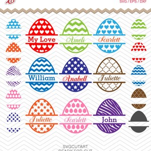 Peut inclure: Un ensemble de 10 motifs de monogramme divisés en forme d'œuf de Pâques pour les versions vinyle et en couches. Les motifs présentent divers motifs, notamment des cœurs, des étoiles, des rayures, des pois et des chevrons. Chaque motif comprend un espace pour ajouter un nom.