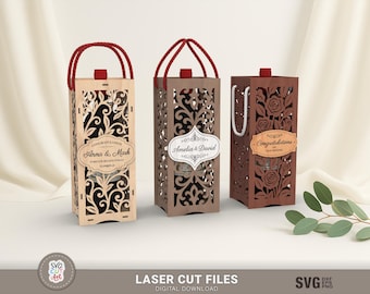 Wedding Wine bag Box 3 Bundle – Laser Cut SVG Files, Wooden Bottle Gift Box, Glowforge Digital Download